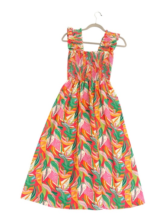 Dresses & Skirts - Tropical Floral Smocked Sundress in Pink, Green & Orange